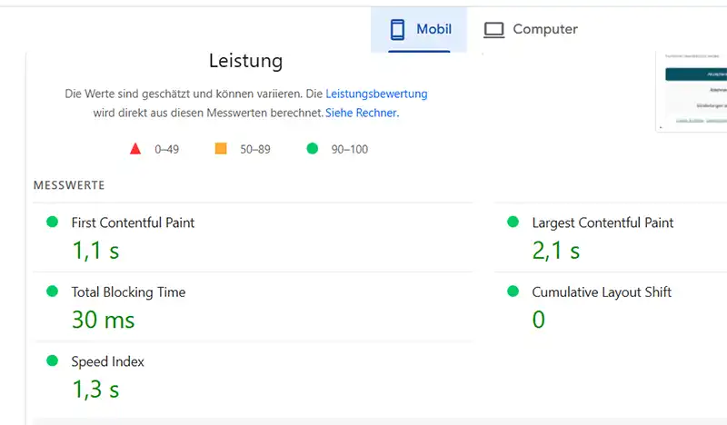 core web vitals laborwerte mobile